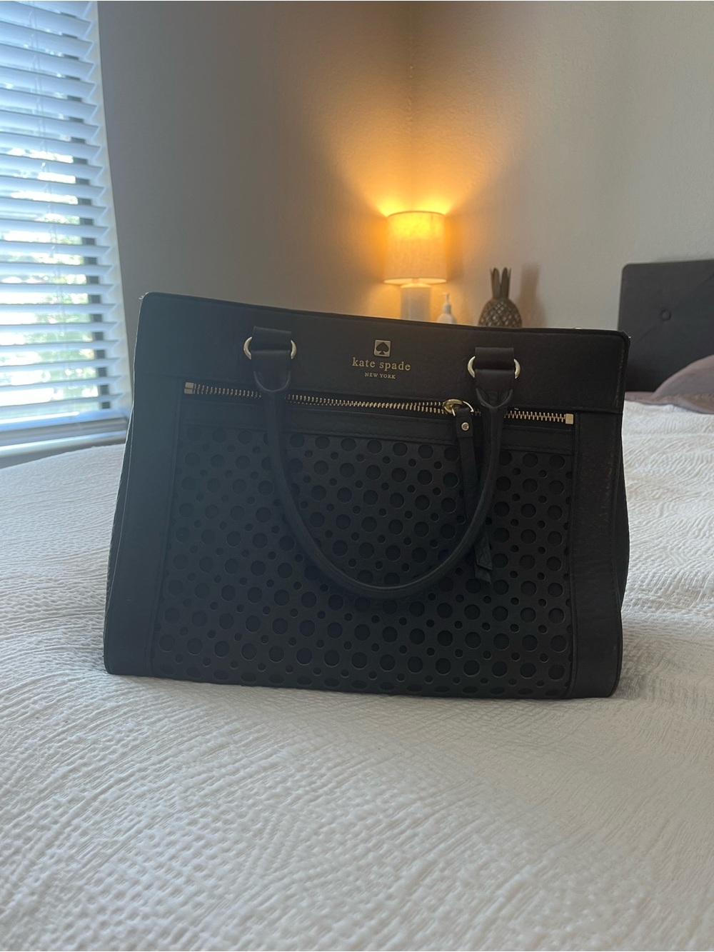 Kate Spade Black Perforated Leather handle bag with Gold Hardware shoulder strap - Picture 2 of 6